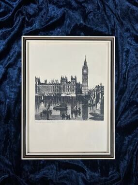 Vintage Westminster London Black White Print 1872 Big Ben Thames Framed Wall Art